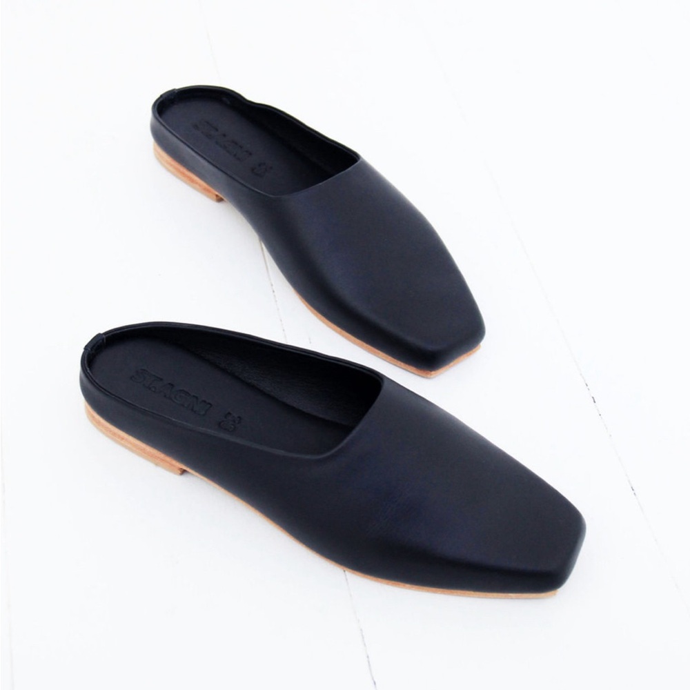 St. Agni Black Leather Square-Toe Mules